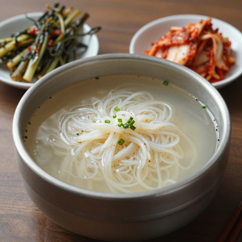 생활의 달인 1026회 비빔국수 한식뷔페 할인매장 소금빵 1 풍년비빔국수 비빔국수 그릇과 열무김치 접시가 함께 있는 모습