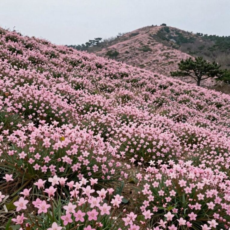 비슬산 정상 부근의 넓은 참꽃 군락지, 분홍색 꽃이 산 능선을 따라 펼쳐져 있다