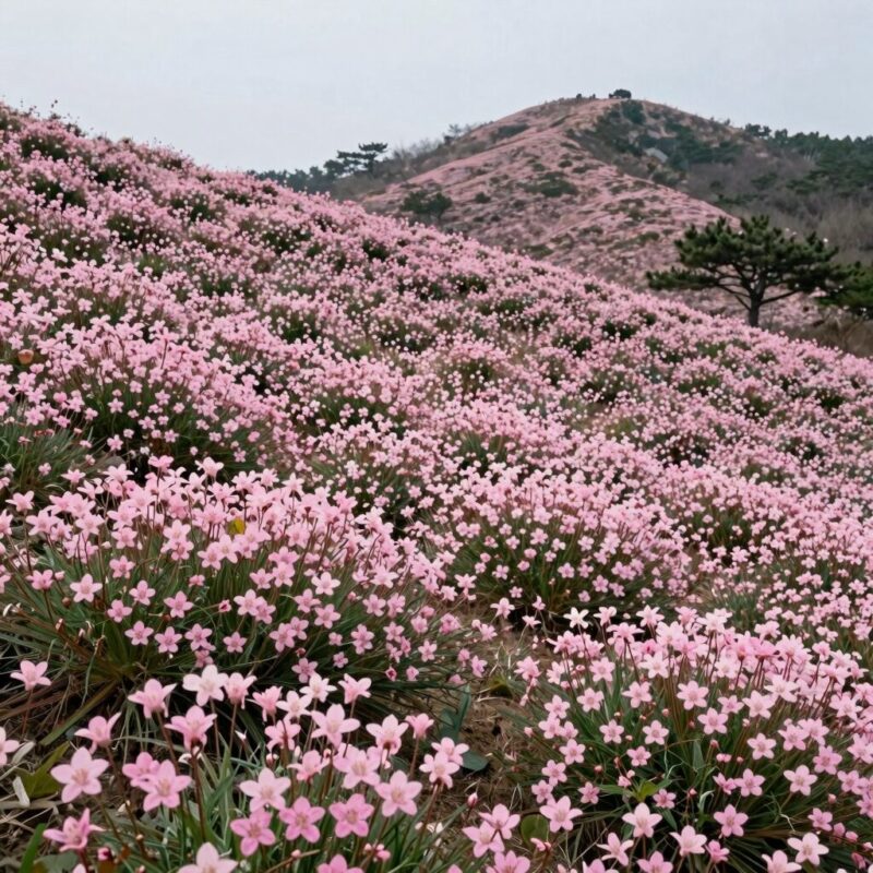 2026년 대구 비슬산 참꽃축제 완벽 가이드 1 비슬산 정상 부근의 넓은 참꽃 군락지, 분홍색 꽃이 산 능선을 따라 펼쳐져 있다