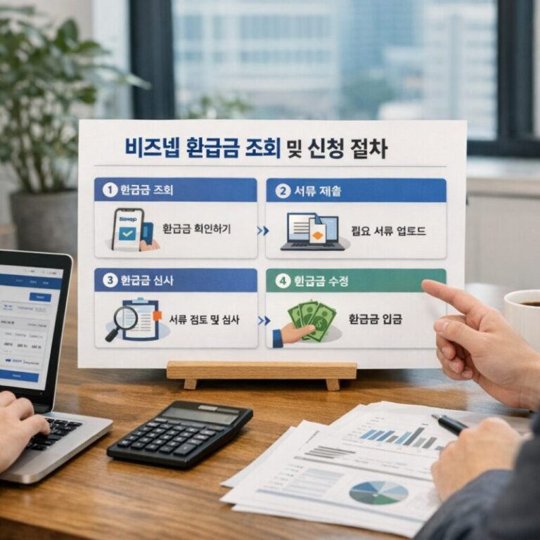 비즈넵 환급금 조회 및 신청 과정을 설명하는 인포그래픽
