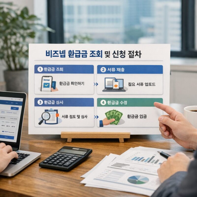 비즈넵 환급금 조회 및 신청 과정을 설명하는 인포그래픽