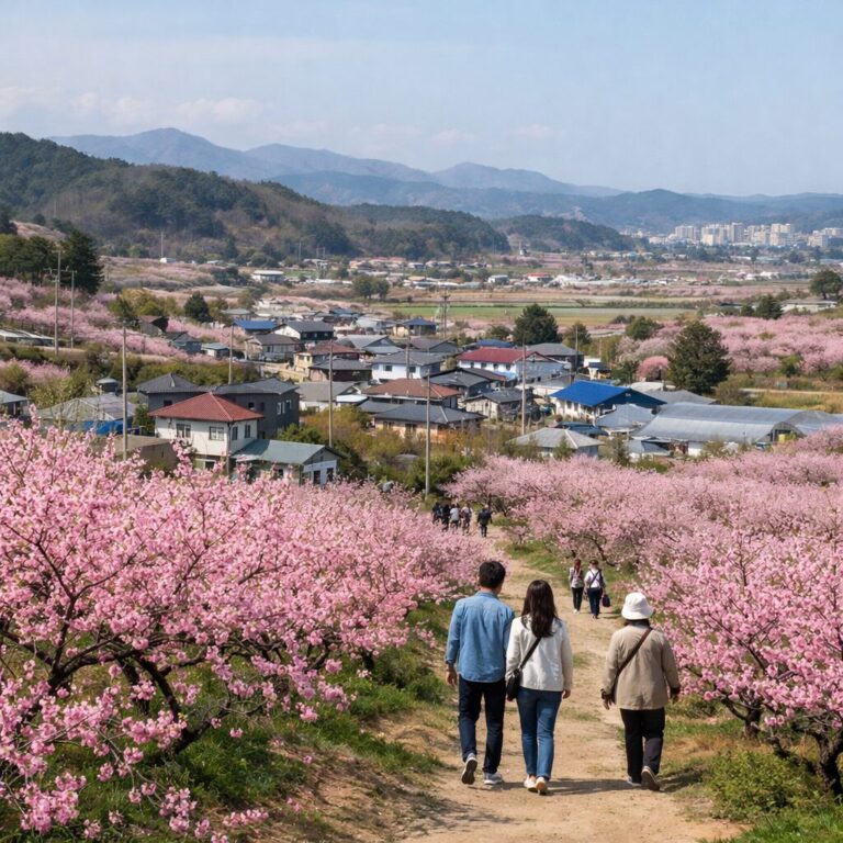 봄에 만개한 분홍색 복사꽃으로 가득한 강릉 복사꽃마을 전경