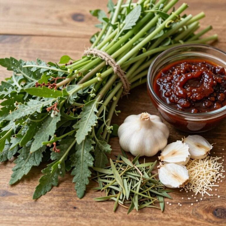 부지깽이나물 무침 재료 준비 사진. 신선한 부지깽이나물과 된장, 고추장, 다진 마늘, 파, 참기름, 깨 등 양념 재료들이 정리되어 있다.