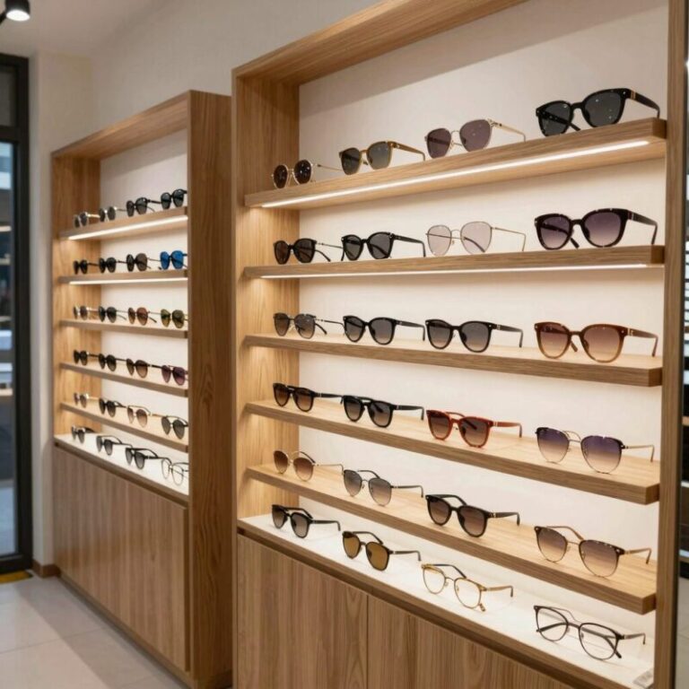 파주 운정 아이데코 안경점 내부에 진열된 다양한 카린 안경테와 선글라스 모습
