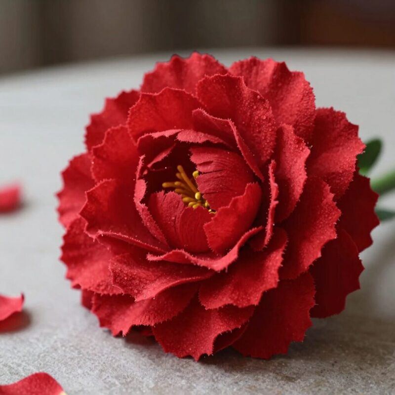빨간 펠트지로 만든 완성된 카네이션 한 송이가 테이블 위에 놓여 있는 모습. 꽃잎이 겹겹이 쌓여 입체감이 살아 있다.