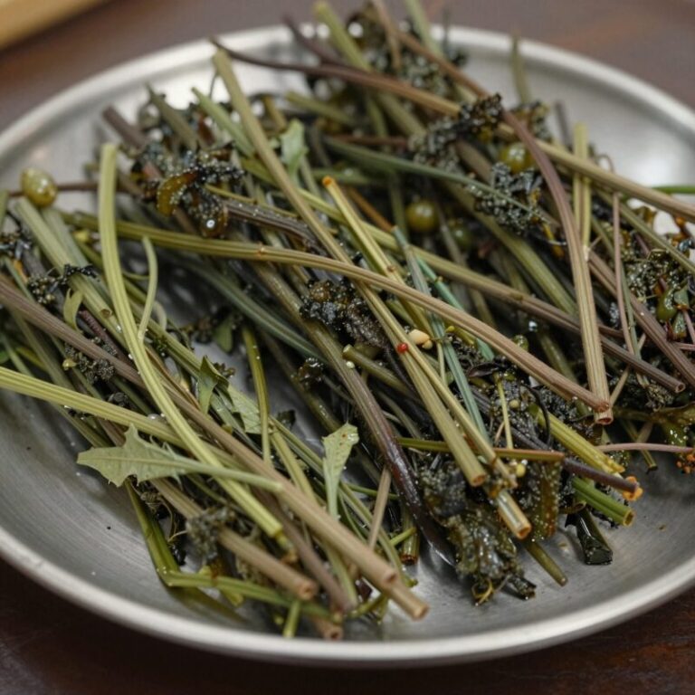 데치고 무친 참고비 나물이 접시에 담겨 있는 모습