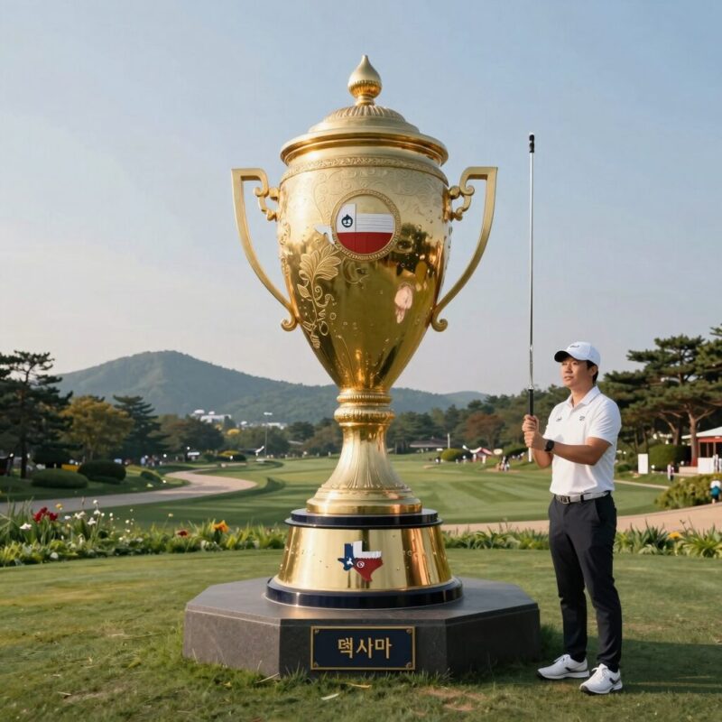 셰브론 챔피언십 트로피와 텍사스 석양이 어우러진 풍경