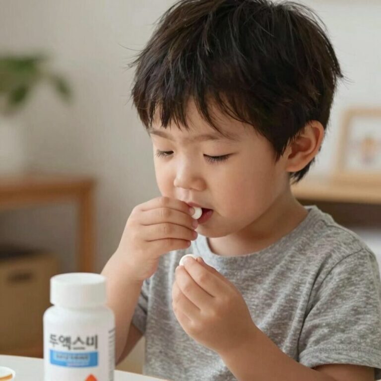 아이가 투엑스비 츄어블 영양제를 씹어 먹고 있는 모습