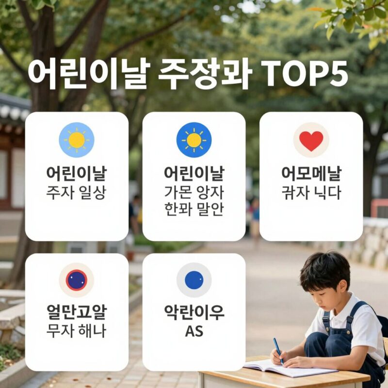 어린이날 주식 투자 일정과 관련주 TOP5를 한눈에 보여주는 인포그래픽