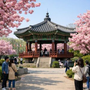 서울 어린이대공원 UN평화동산에 핀 풍성한 핑크색 겹벚꽃 나무와 팔각정 전경