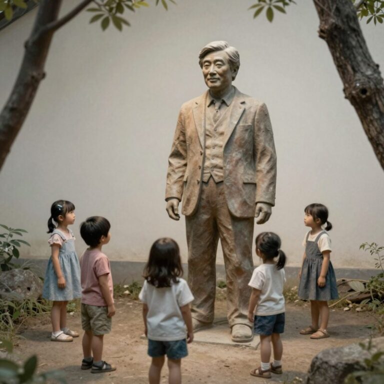 방정환 선생님 동상과 어린이들의 모습