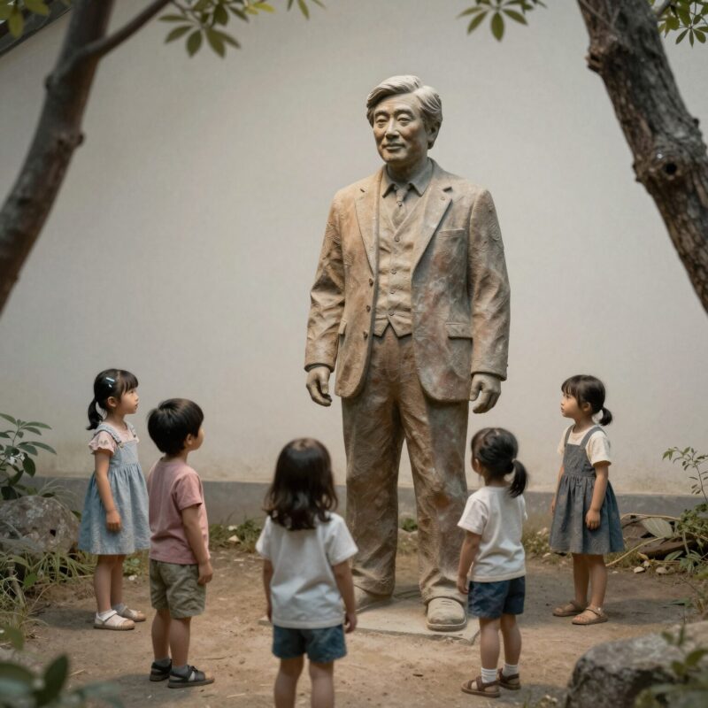 방정환 선생님 동상과 어린이들의 모습