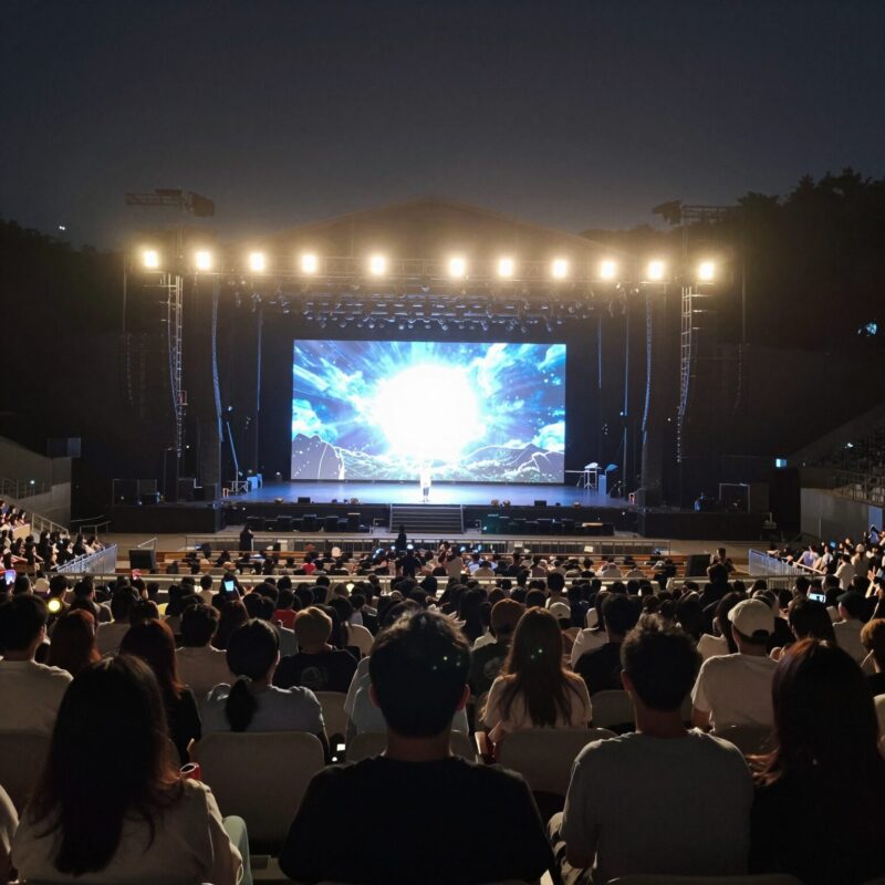 코첼라 아웃도어 시어터 스테이지의 야간 공연 장면, 화려한 조명과 많은 관객