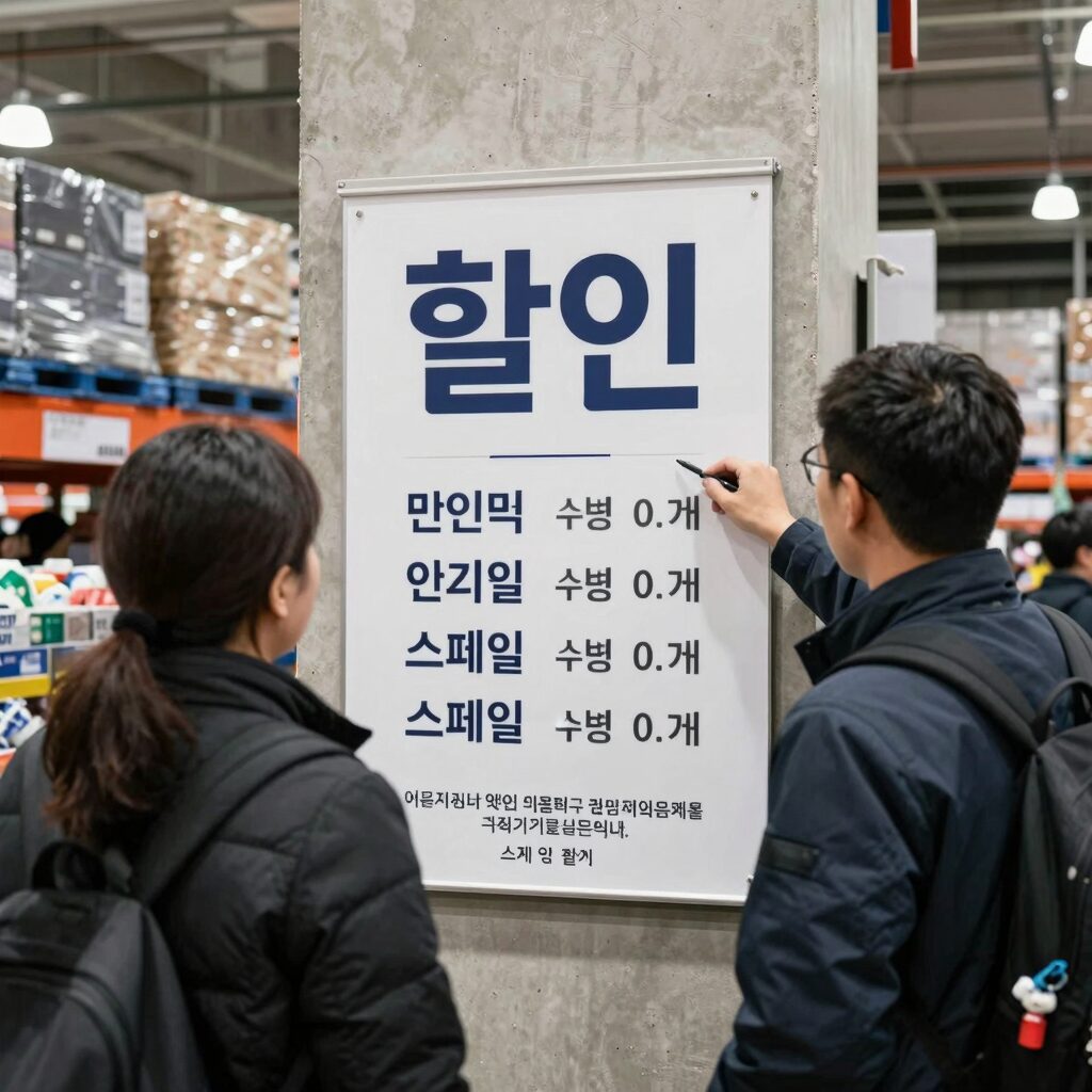 코스트코 매장 내 할인 안내판과 스페셜 코너를 확인하는 모습