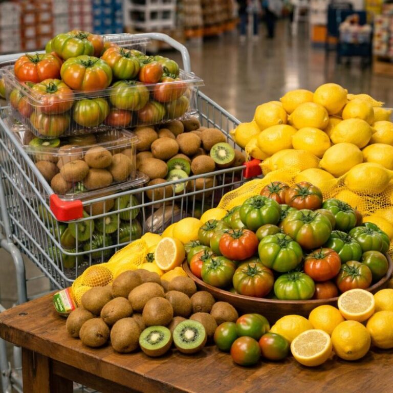 코스트코 4월 과일 할인으로 구매한 대저 토마토 키위 레몬 등이 카트와 테이블에 가득 쌓여 있는 모습