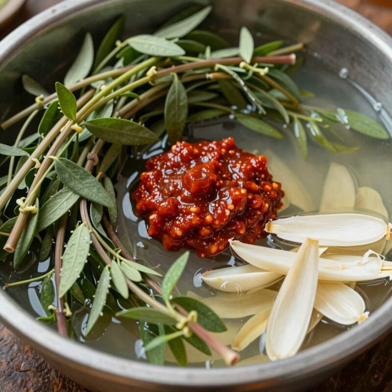 깨끗이 씻어 물기를 뺀 민들레 나물과 고추장 마늘 매실청 등 양념 재료가 준비된 모습