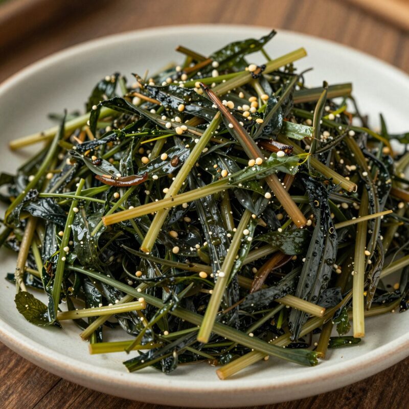 푸른색의 삶은 다래순이 들기름과 양념에 버무려져 깔끔하게 담긴 다래순나물볶음 사진