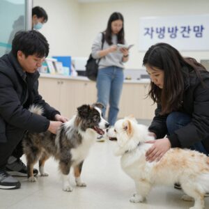광견병 무료 접종을 받기 위해 지정 동물병원 대기실에서 대기하는 반려견과 보호자