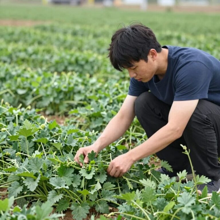 봄 들판에서 개망초 어린순을 채취하는 모습. 파릇파릇한 초록색 잎이 보인다.