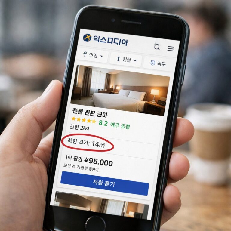 익스피디아 모바일 화면에서 호텔 객실 규모 14㎡가 표시된 검색 결과