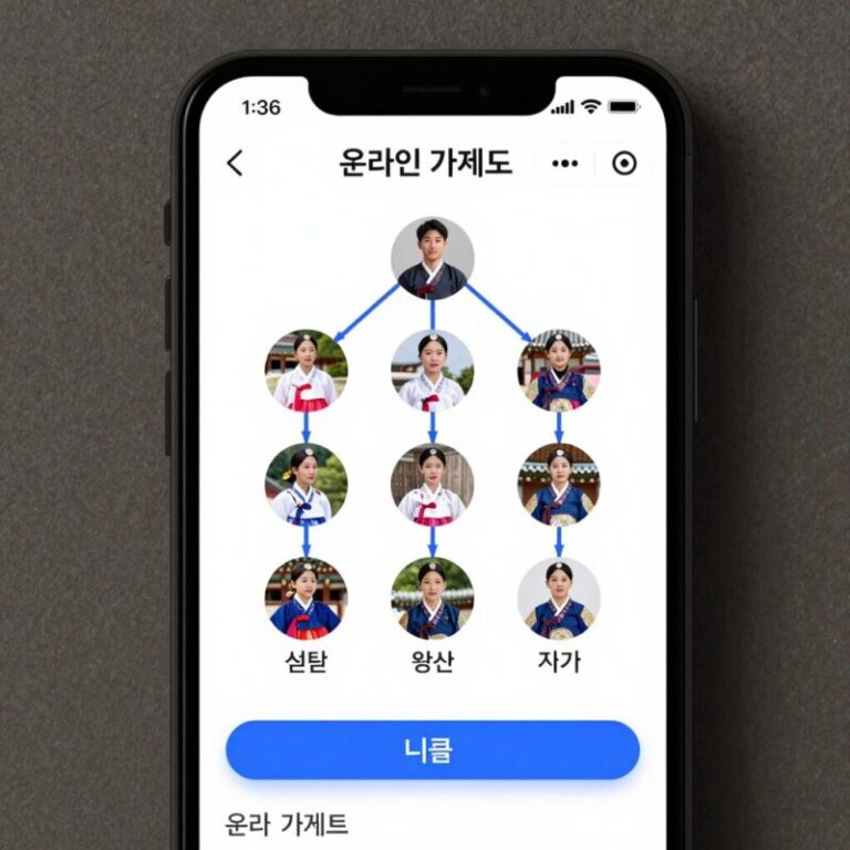 온라인 가계도 검색 사이트 화면 예시, 이름 입력으로 직계 조상 트리가 표시됨