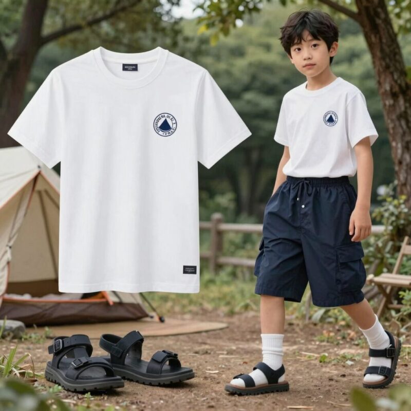 휠라키즈 캠핑 로고 박스 티셔츠와 롤리샌들 매치 코디