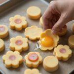 꽃잎김밥 만들기 과정 중 계란지단과 햄 당근을 말아 꽃봉오리를 만드는 단계