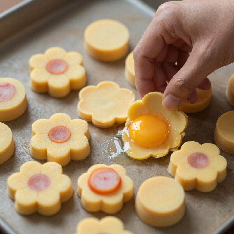 꽃잎김밥 만들기 과정 중 계란지단과 햄 당근을 말아 꽃봉오리를 만드는 단계