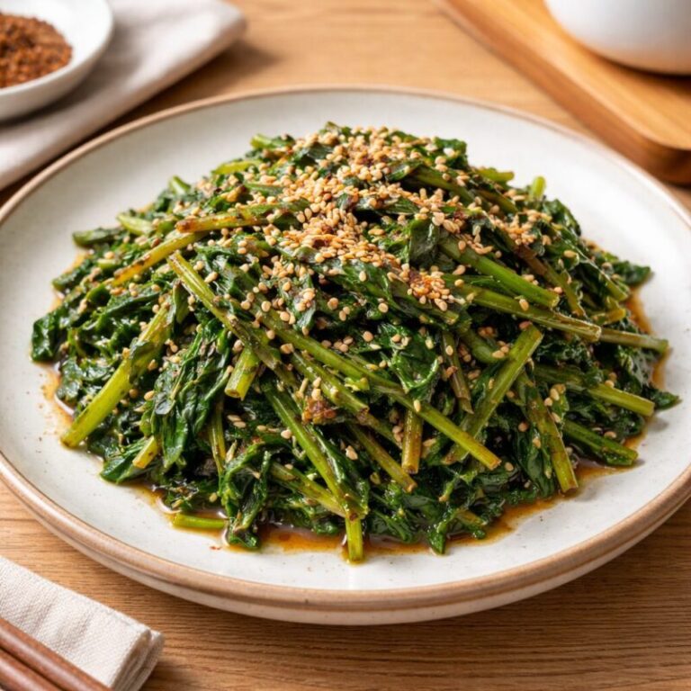 접시에 담긴 신선초 된장무침, 통깨가 뿌려져 있다