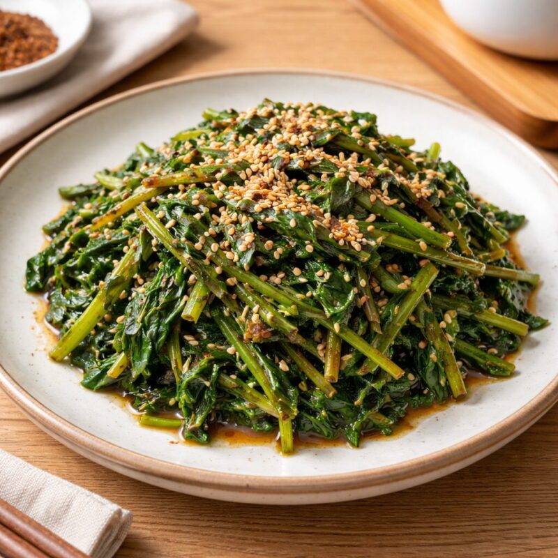 신선초 효능과 맛있는 나물 요리법 1 접시에 담긴 신선초 된장무침, 통깨가 뿌려져 있다