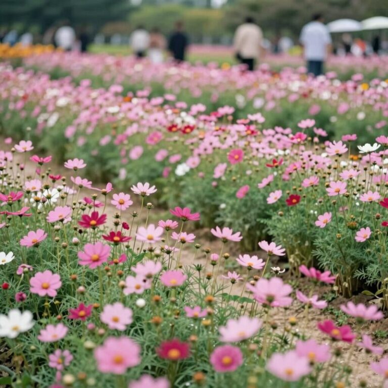 평택 경기정원문화박람회에서 핑크뮬리와 코스모스가 피어 있는 아름다운 정원 풍경