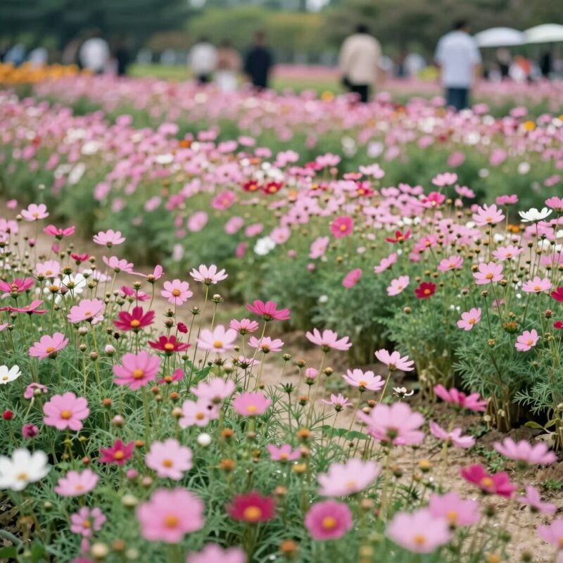 평택 경기정원문화박람회에서 핑크뮬리와 코스모스가 피어 있는 아름다운 정원 풍경