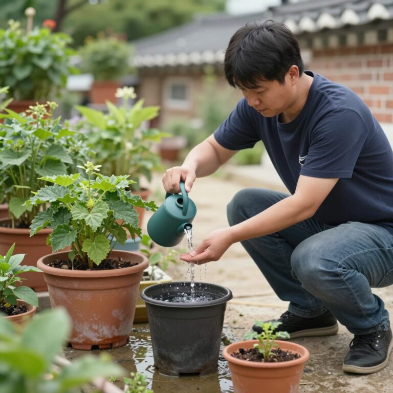 베란다에서 릴호스를 사용해 화분에 물을 주는 모습