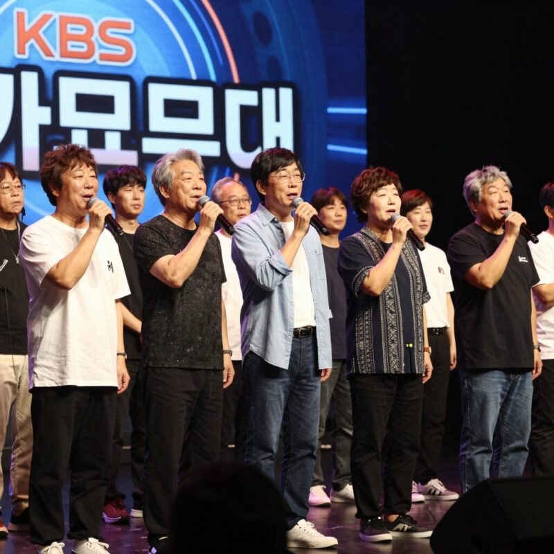 KBS 가요무대 출연진이 무대에서 공연하는 모습. 중장년층 가수들이 관객을 향해 열정적으로 노래하고 있다.