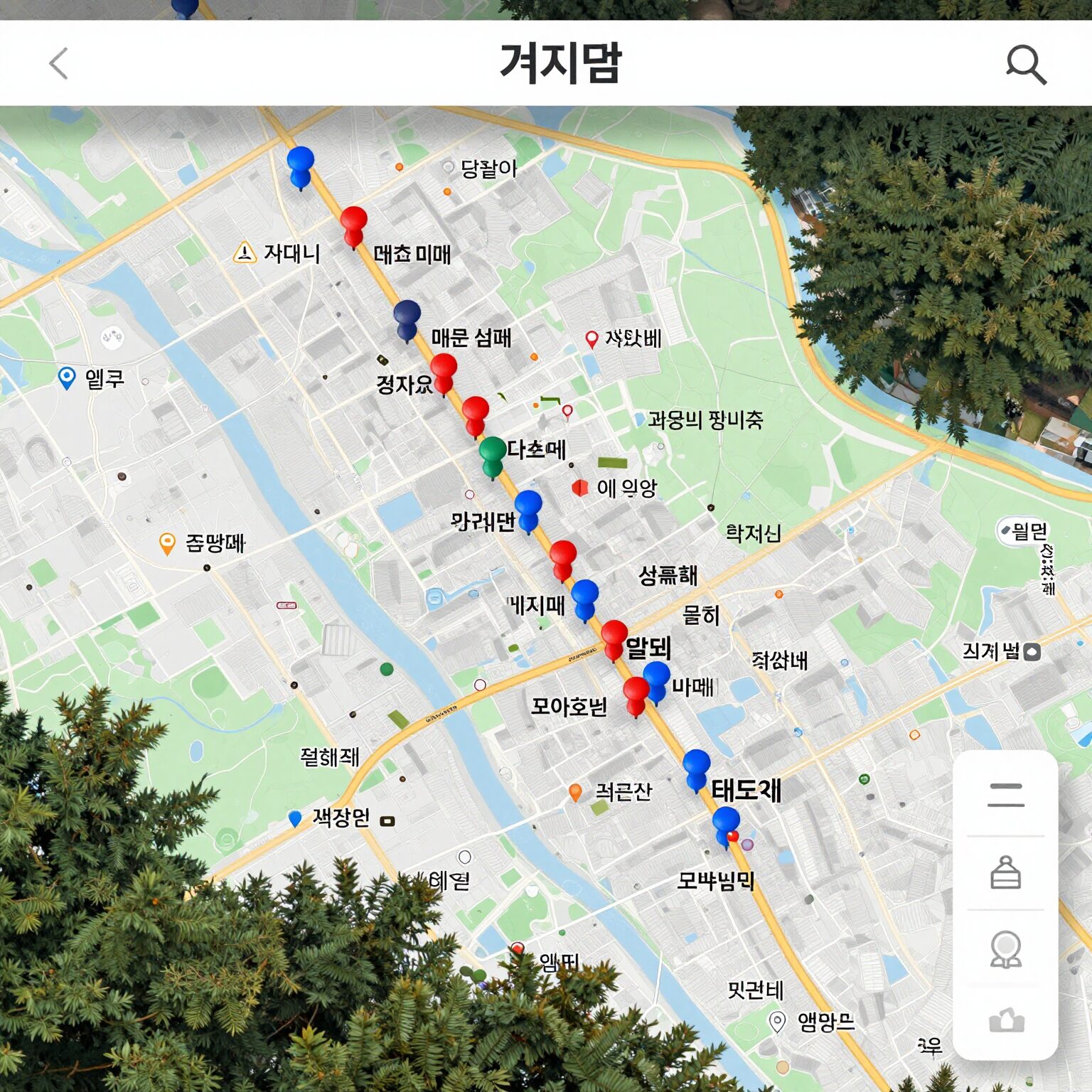 거지맵 웹사이트 화면 캡처, 지도 위에 다양한 색깔의 핀으로 표시된 가성비 식당들