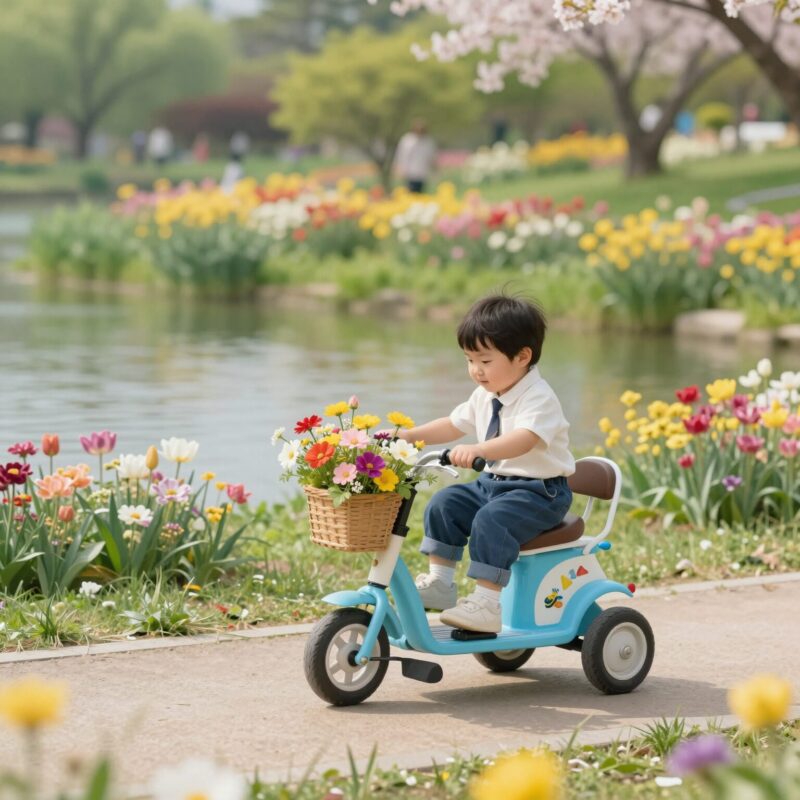 아이가 타는 수상꽃자전거와 호수 꽃밭 풍경