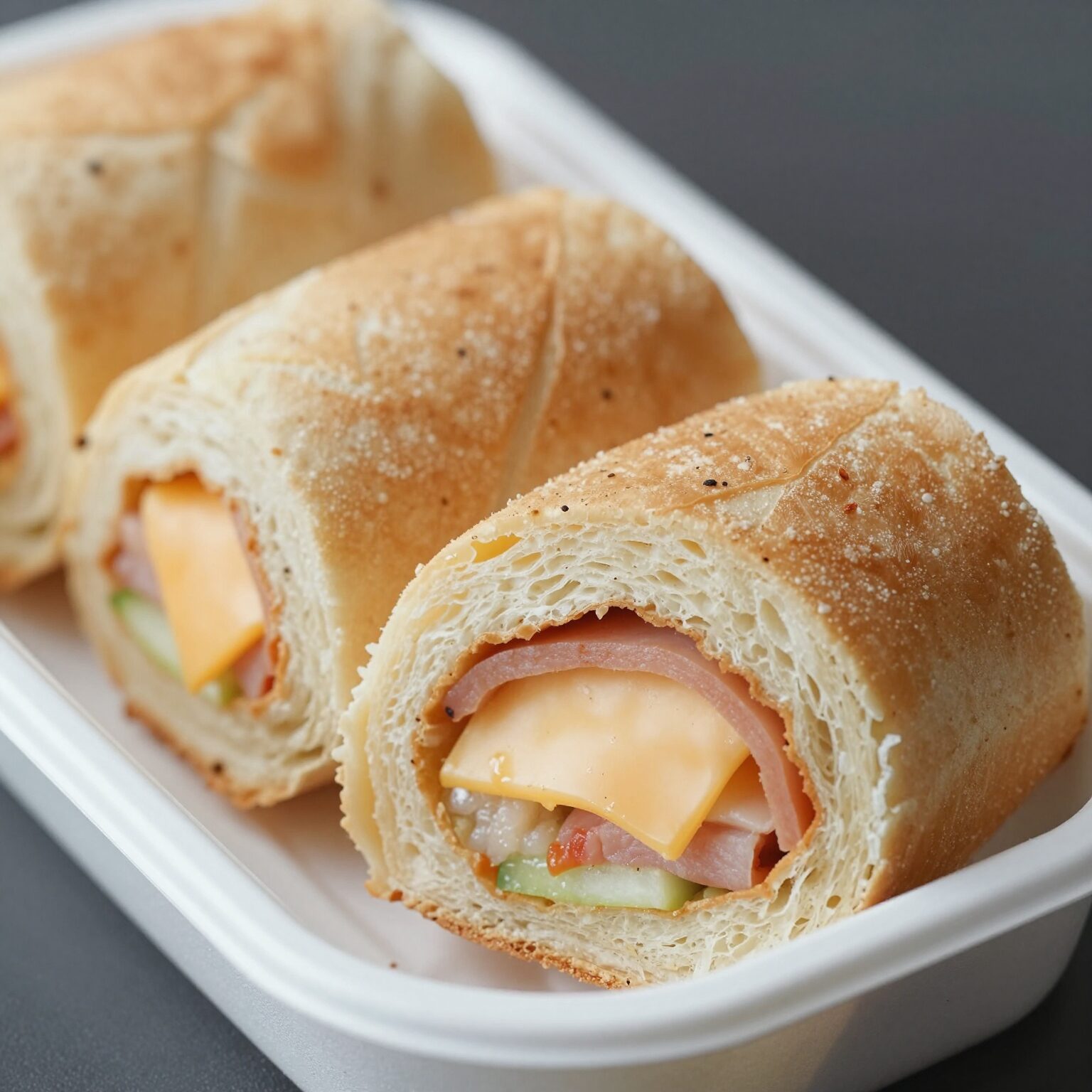 햄과 치즈가 돌돌 말린 롤샌드위치가 예쁘게 썰어져 도시락에 담겨 있음