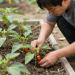 한손 파종기로 고추 모종을 심고 있는 모습