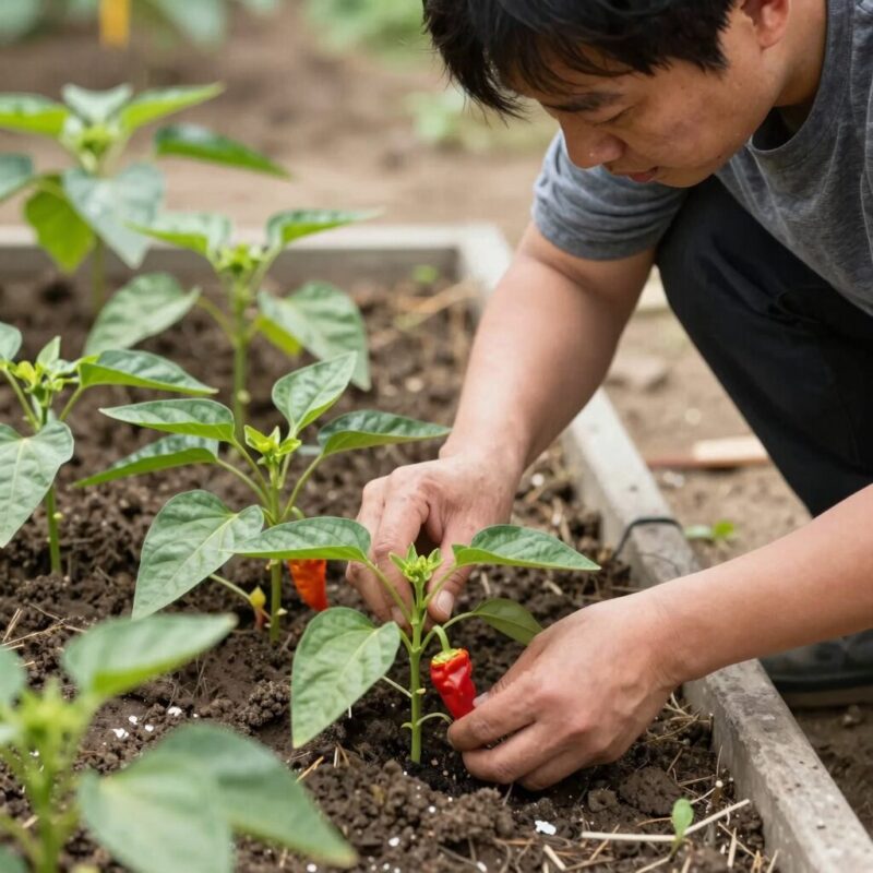 한손 파종기로 고추 모종을 심고 있는 모습. 밭에 서서 편한 자세로 작업 가능