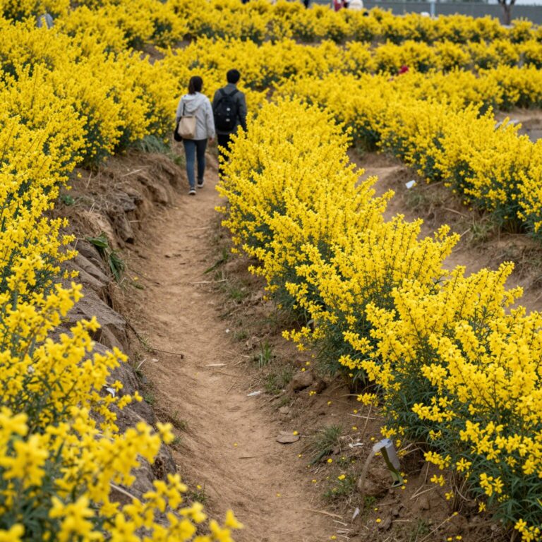 이천백사산수유꽃축제의 노란 산수유꽃과 돌담길 풍경