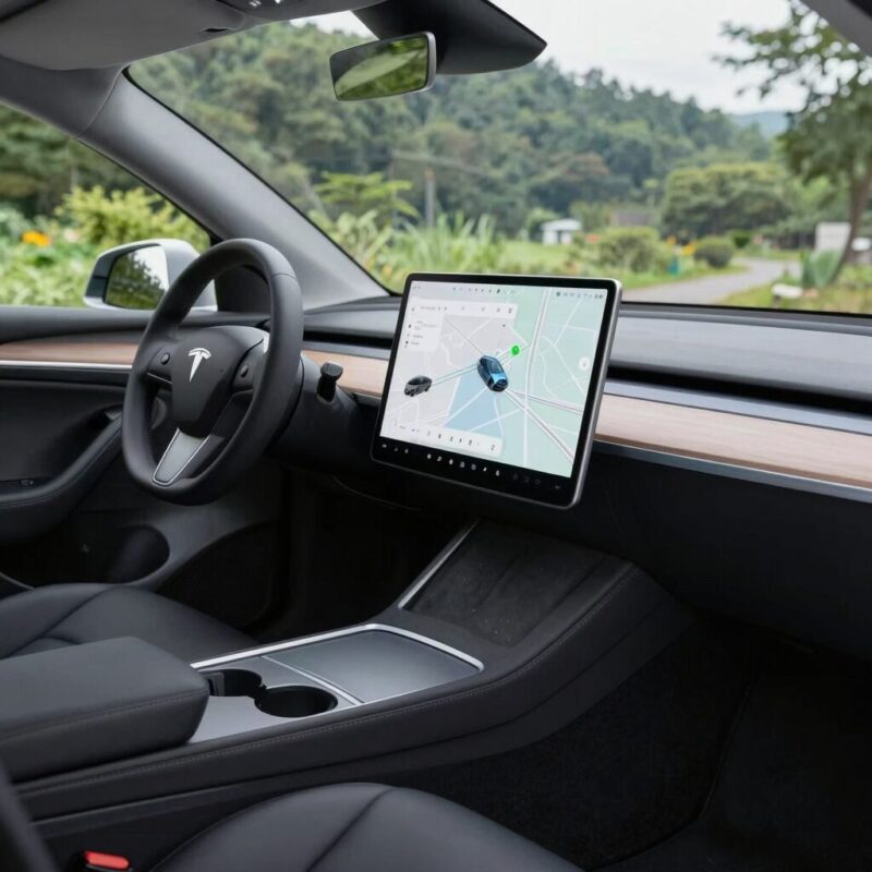 아이오닉 3의 듀얼 디스플레이와 플로팅 콘솔이 적용된 실내 전경