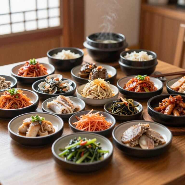 이수도 민박에서 제공되는 다양한 해산물 반찬이 가득 차려진 식탁