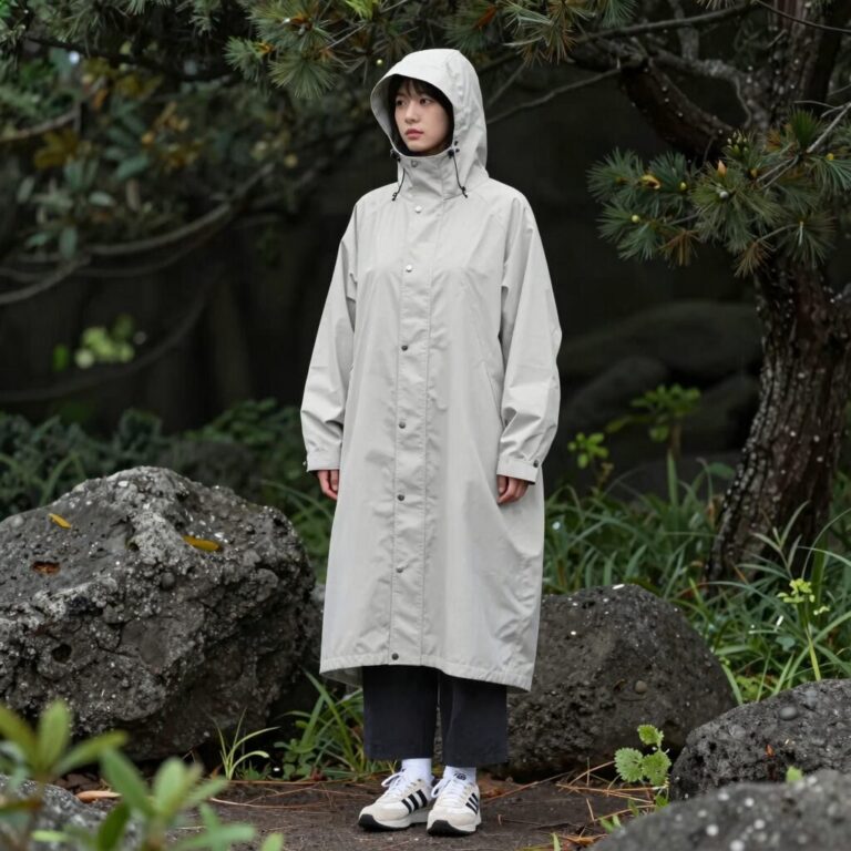 제주도 5월 여행을 위한 레이어드 옷차림 예시, 얇은 긴팔과 바람막이를 겹쳐 입은 모습