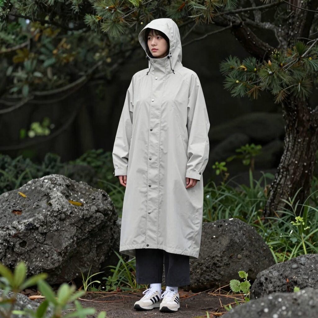 제주도 5월 날씨와 옷차림 완벽 준비하기 1 제주도 5월 여행을 위한 레이어드 옷차림 예시, 얇은 긴팔과 바람막이를 겹쳐 입은 모습