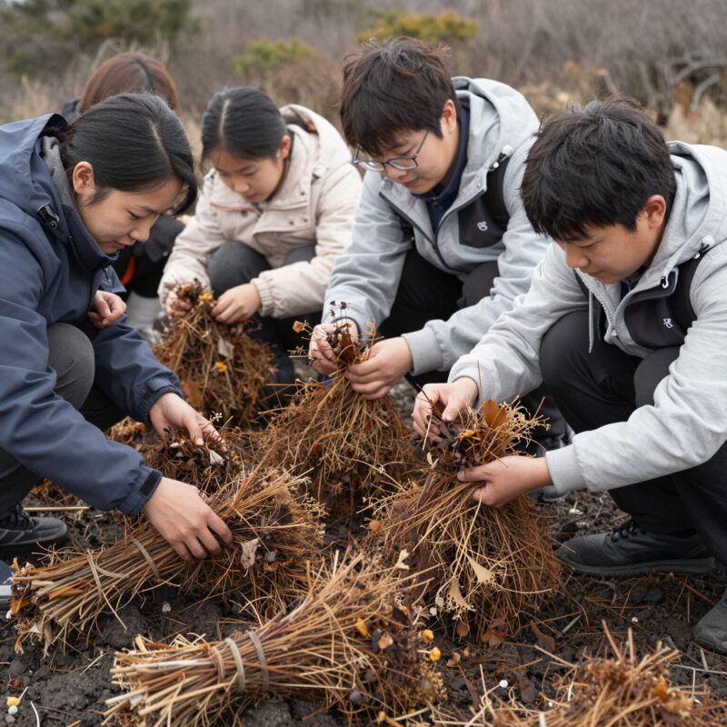 제주 한라산 고사리축제 현장에서 가족이 고사리 채취 체험을 즐기고 있는 모습