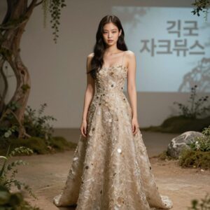 제니가 강원도 원주 뮤지엄 산 자크뮈스 행사에서 시로코 언더붑 드레스를 입고 있는 모습