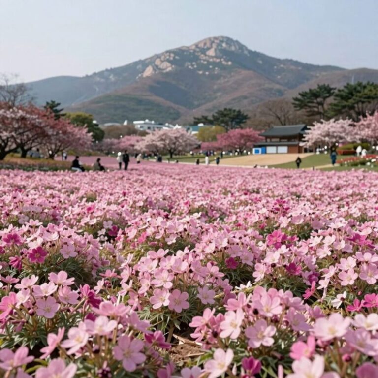 진안 꽃잔디동산 전경, 분홍빛 꽃잔디와 배경의 마이산