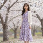 카리나 벚꽃 원피스 패션 따라입기 보라색 꽃무늬 롱 원피스와 크로셰 가디건 스타일링