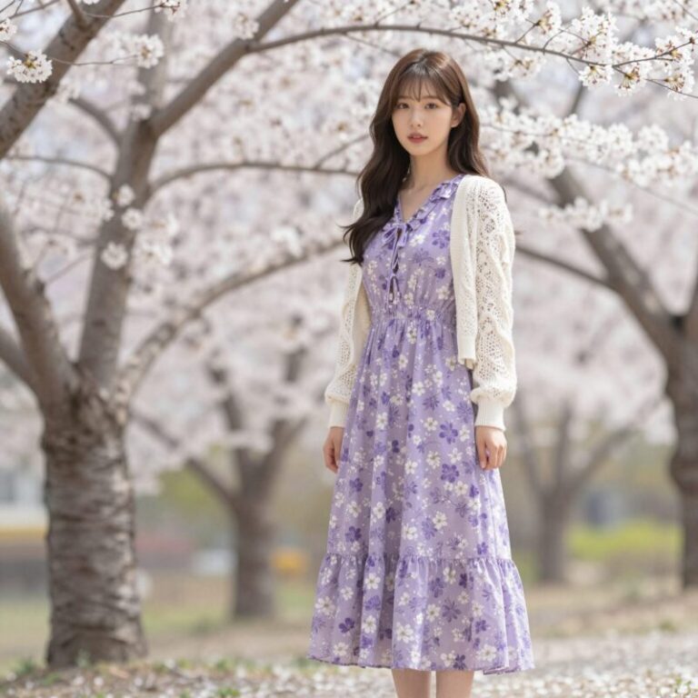 카리나 벚꽃 원피스 패션 따라입기 보라색 꽃무늬 롱 원피스와 크로셰 가디건 스타일링
