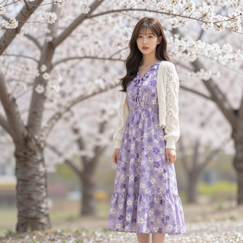 카리나 벚꽃 원피스 패션 따라입기 보라색 꽃무늬 롱 원피스와 크로셰 가디건 스타일링